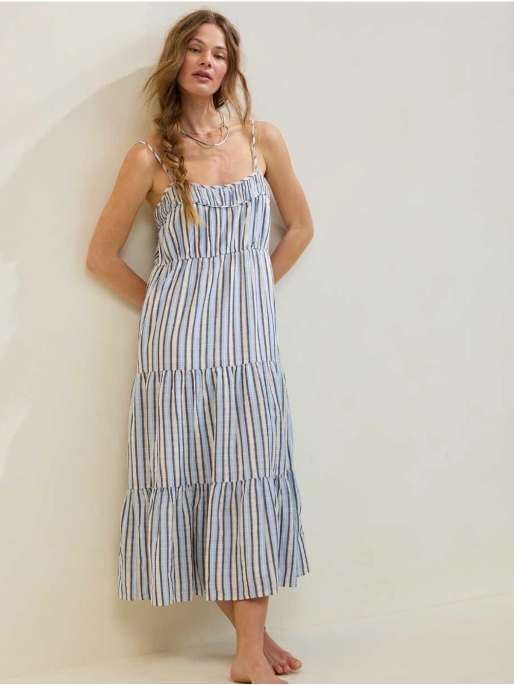 Aerie Striped Cotton Tiered Maxi Dress